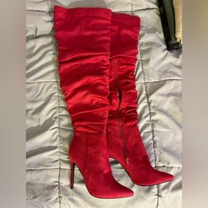 Show Dazzle - Suede Red Thigh High Heel Boots